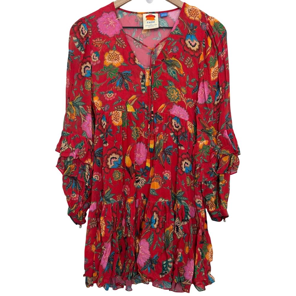 Farm Rio Anthropologie Jordyn Mini Dress Red Beaded Tasseled Size XS Petite